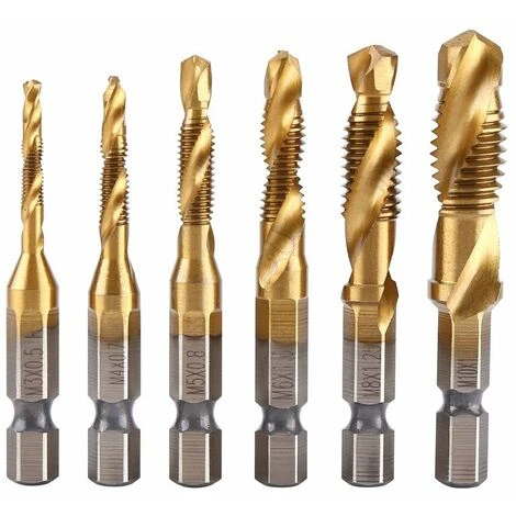 Set Di 6 Maschi Filettati, Filettatura Metrica M3-M10 Con Rivestimento In Titanio HSS E Punte Per Maschiare Da 1/4 "con Gambo Esagonale Scanalato Per Maschiare Varie Filettature. 1 Set Di 6 Maschi Filettati, Filettatura Metrica M3-M10 Con Rivestimento In Titanio HSS E Punte Per Maschiare Da 1/4 "con Gambo Esagonale Scanalato Per Maschiare Varie Filettature.