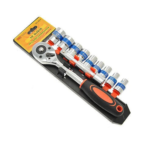 SERIE KIT 11 PZ CHIAVE CRICCHETTO REVERSIBILE 1/2 CON SET BUSSOLE ESAGONALI CR-V 1 SERIE KIT 11 PZ CHIAVE CRICCHETTO REVERSIBILE 1/2 CON SET BUSSOLE ESAGONALI CR-V