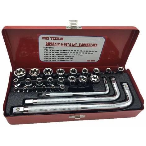 Chiavi Bussola Torx Femmina E4-E24 Set 26pz Prolunghe Angolo 1/2 3/8 1/2 1 Chiavi Bussola Torx Femmina E4-E24 Set 26pz Prolunghe Angolo 1/2 3/8 1/2
